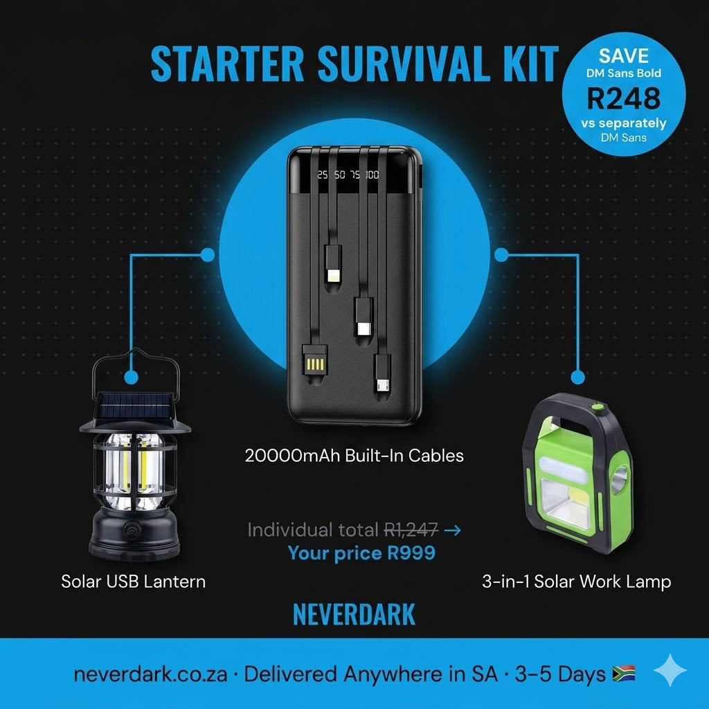 ⚡ NeverDark Starter Survival Kit — Solar Lantern + Work Lamp + 20000mAh Power Bank